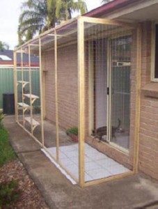 Cat enclosure built on to the side of a house.